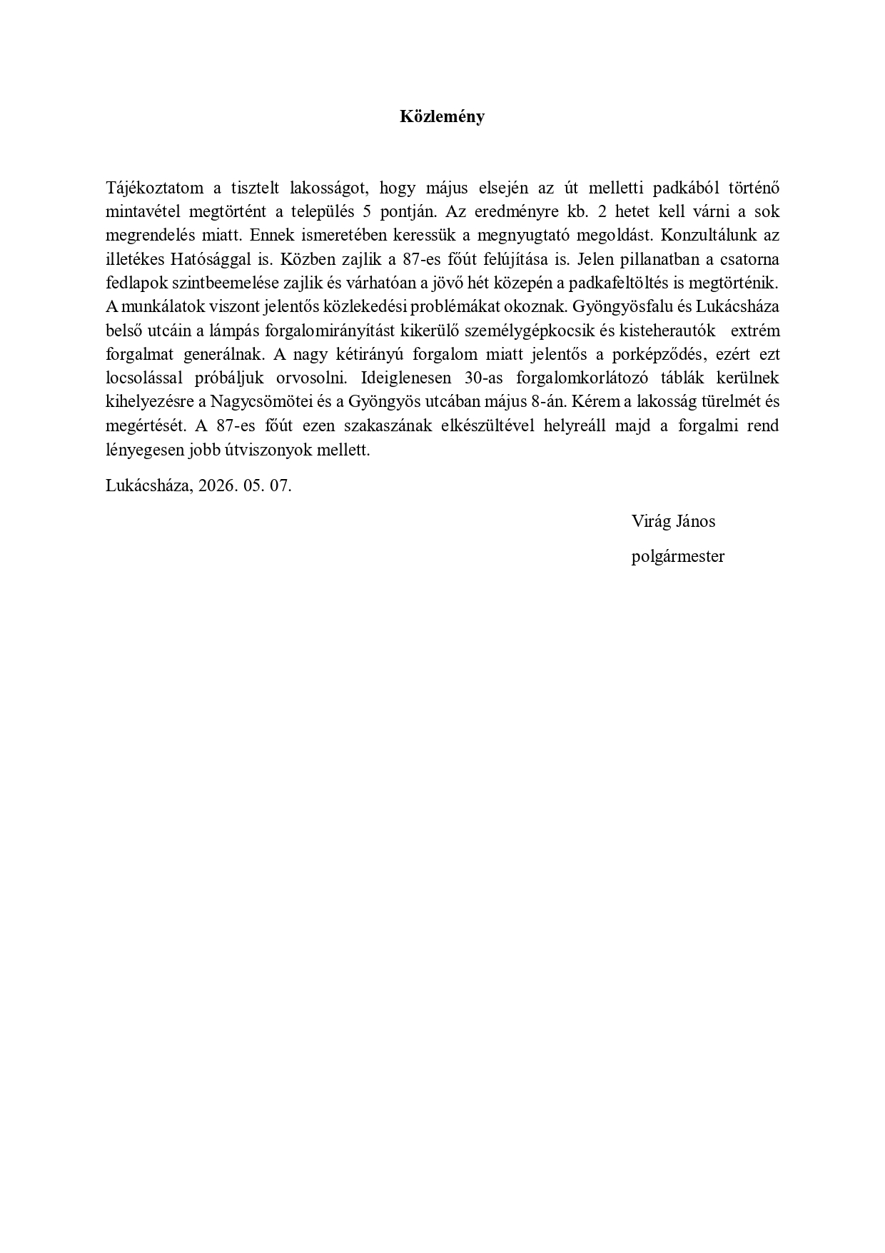 Közlemény 2026.05.07.